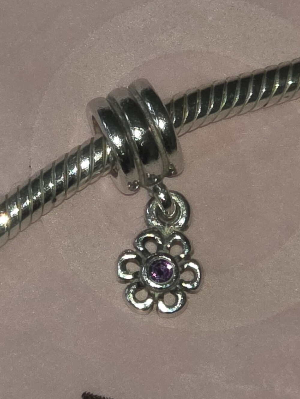 Pandora Silver Flower Dangle Charm with Purple Crystal